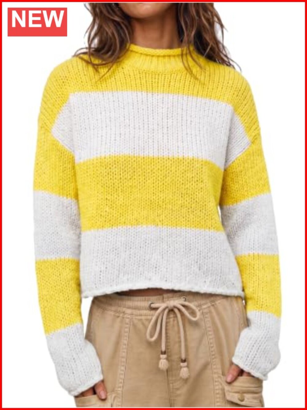 Striped Cropped Sweater Rolled Mock Neck Chunky Knit Pullover
